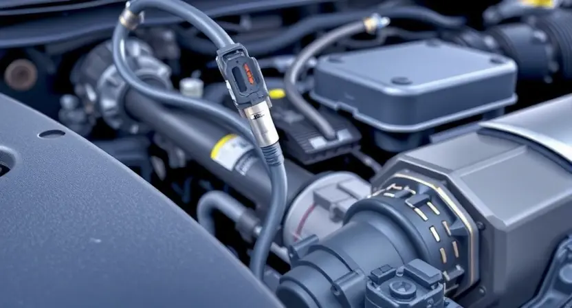 A close-up, detailed illustration of a car engine bay, focusing on the coolant temperature sensor and its wiring. The sensor should be clearly visible, along with hoses connected to it. The background should show other engine components, but blurred to keep the focus on the sensor. The overall lighting should be bright and clean, highlighting the sensor's details. The image should convey a sense of technical precision and diagnostic inspection.