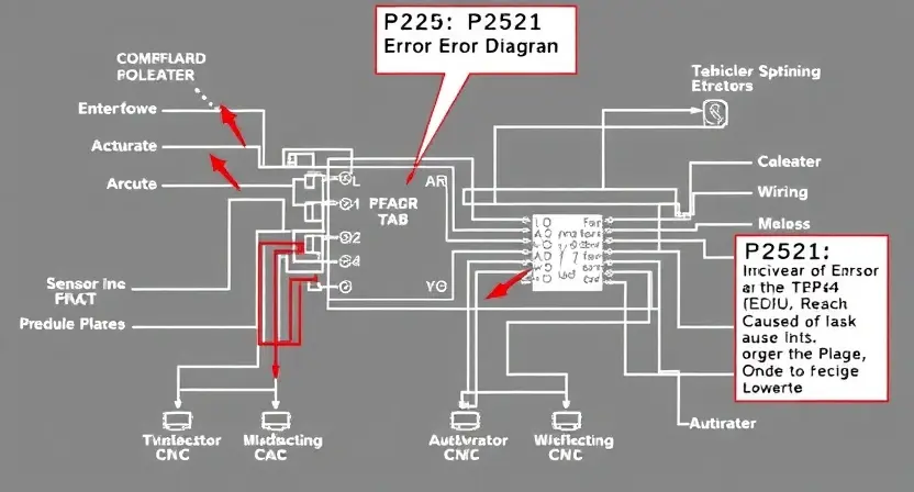 A detailed schematic diagram illustrating the P2521 error code in a vehicle's engine control unit (ECU). The diagram should show the relevant sensors, actuators, and wiring related to the error. Include visual cues to indicate the cause of the error, such as a faulty sensor or a wiring issue.