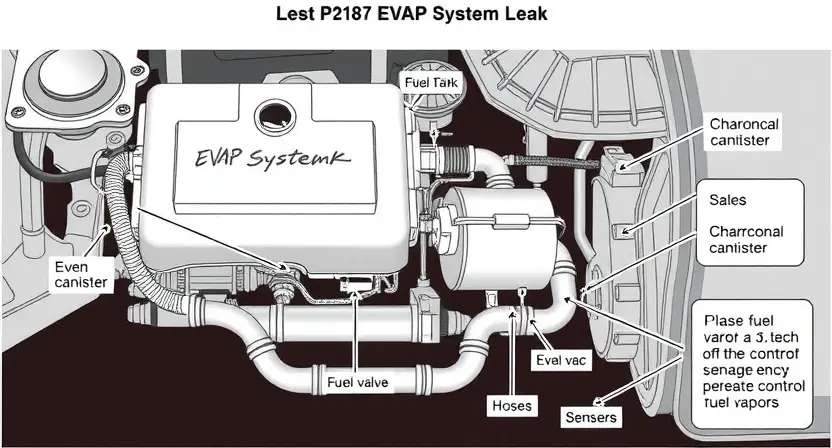 A detailed diagram illustrating a vehicle's emissions control system, specifically highlighting the components related to the P2187 error code (EVAP System Leak). The diagram should show the fuel tank, charcoal canister, EVAP valve, hoses, and relevant sensors. Use clear labels and arrows to indicate the flow of fuel vapors. The overall aesthetic should be clean and informative, suitable for a technical manual.