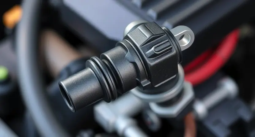 A close-up of a car's throttle position sensor (TPS) with visible wiring and connector, set against a blurred engine bay background, showing subtle signs of wear or corrosion on the sensor housing, with soft directional lighting highlighting the component, no text, no labels, no digits, no symbols, purely visual diagnostic context