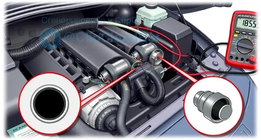 A detailed illustration of an automotive engine bay, focusing on the Mass Air Flow (MAF) sensor and its associated wiring. The sensor should be clearly visible, with close-ups highlighting the sensor itself and the connector. Include diagnostic tools like a multimeter and a wiring diagram in the background. The overall scene should convey a sense of technical inspection and troubleshooting.