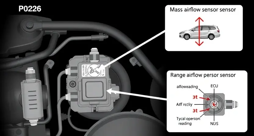 A detailed diagram illustrating the P0226 error code in a vehicle's engine system. The diagram should show the location of the mass airflow sensor (MAF sensor), its connection to the engine control unit (ECU), and the relevant wiring. Include visual representations of the sensor's range and typical operating characteristics, such as airflow readings and voltage output. The style should be technical and informative, suitable for a repair manual or automotive technician's reference.