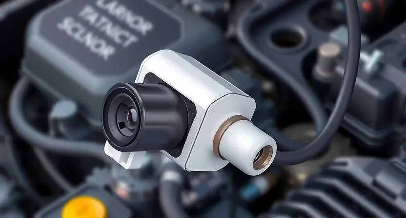 A close-up, detailed illustration of an automotive sensor, specifically a radar sensor, with wires and connectors. The sensor should be slightly angled to show its components. The background should be a blurred view of an engine bay. Focus on the sensor's physical appearance and the surrounding wiring.