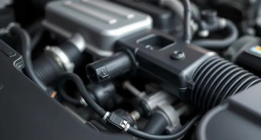 A close-up of a car's engine bay, focusing on the mass airflow sensor (MAF sensor). The sensor should be clearly visible, with surrounding engine components slightly blurred. The overall lighting should be bright and clean, highlighting the sensor's details.