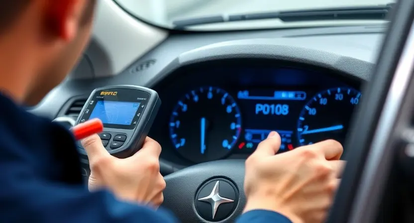 A close-up shot of a mechanic using an OBD2 scanner to read a diagnostic trouble code (DTC) on a car's dashboard. The dashboard should display a P0108 code. The mechanic is wearing a blue mechanic's jumpsuit. The car is a modern sedan. Focus on the scanner and the dashboard display.