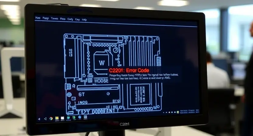 A computer screen displaying a technical error message, specifically "C2201: Error Code". The screen should show a simplified representation of a computer motherboard with highlighted areas indicating potential issues. The background should be a blurred office environment.