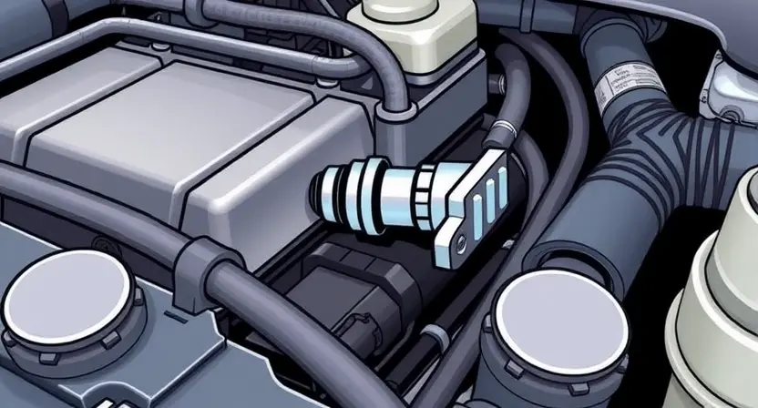 A close-up, detailed illustration of a car's engine bay with a focus on the coolant temperature sensor. The sensor should be clearly visible, along with surrounding hoses and components. The overall image should convey a sense of technical precision and automotive diagnostics.