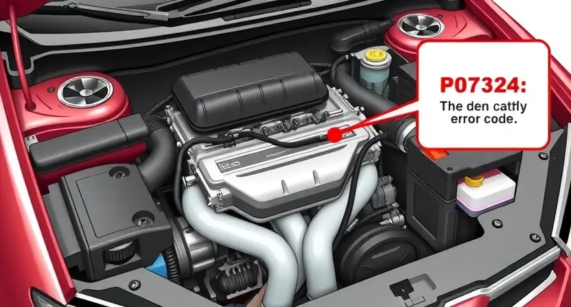 A detailed illustration of a car's engine bay with a focus on the catalytic converter and associated sensors. The engine should be partially disassembled to reveal the components. Include visual cues representing the P0724 error code, such as a diagnostic light illuminated on the dashboard.