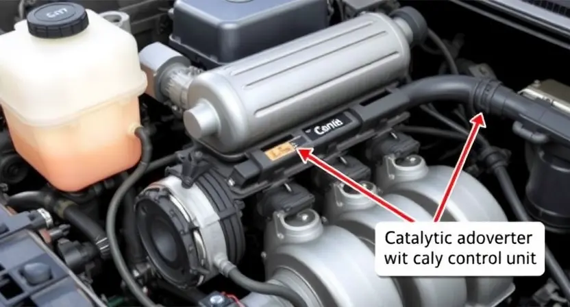 A detailed illustration of an automotive engine bay, focusing on the catalytic converter and oxygen sensor. The catalytic converter should be clearly visible, with its components highlighted. An oxygen sensor should also be depicted, showing its wiring and connection to the engine control unit. The background should be slightly blurred to emphasize the engine components.