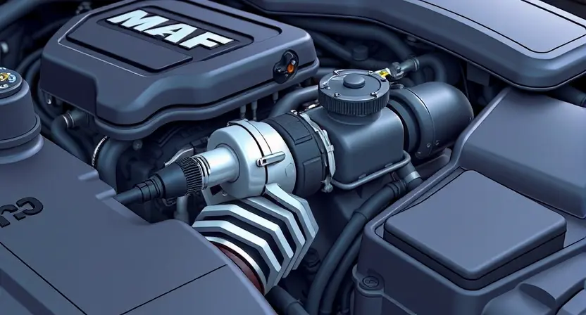A close-up, detailed illustration of a car's engine bay. Focus on the mass airflow sensor (MAF sensor) and its surrounding components. The engine should appear clean and well-maintained. Use realistic lighting to highlight the sensor's position and connections.