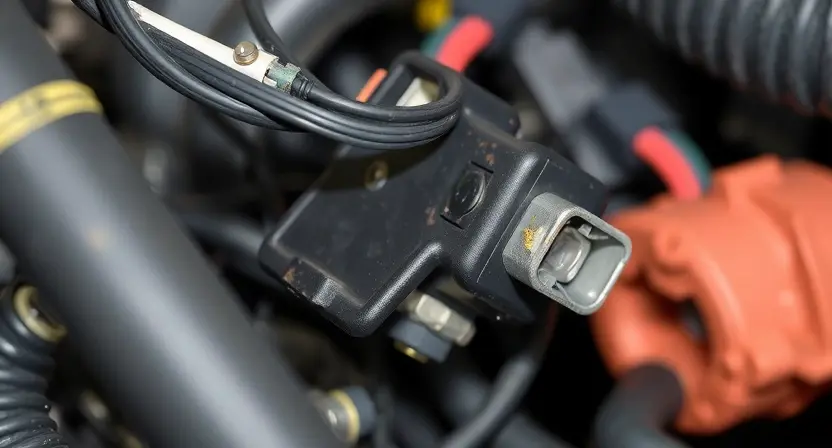 A close-up, detailed image of the electrical system of a car's fuel level sensor. Focus on wiring harnesses, connectors, and the sensor itself. Show potential areas of corrosion or damage to the wiring. The background should be blurred to emphasize the components.