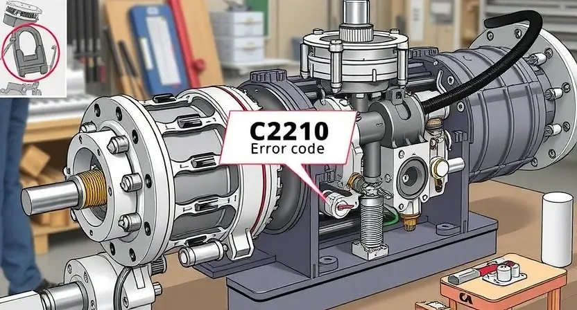 A detailed illustration of a complex hydraulic actuator with a C2210 error code highlighted. The actuator should be depicted in a workshop setting, with various mechanical components visible. Focus on the internal mechanisms and potential points of failure.