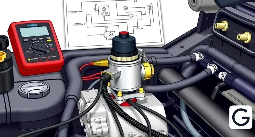 A detailed illustration of a car's engine bay, focusing on the solenoid valve for pressure control (G). The solenoid should be clearly visible, with wires and hoses connected. Show close-ups of the valve and its connections. Include diagnostic tools like a multimeter and a wiring diagram in the background. The overall scene should convey a sense of automotive repair and troubleshooting.