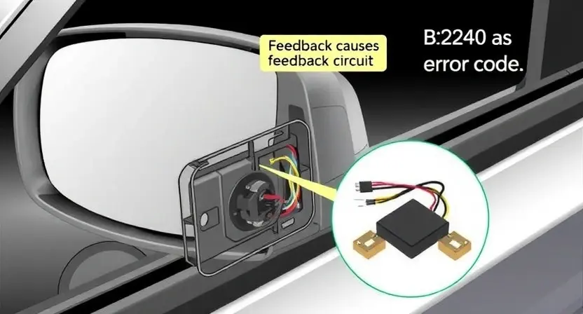 A detailed illustration of a car's side mirror with visible wiring and electronic components, highlighting the feedback circuit. The image should show a close-up of the mirror assembly, including the mirror glass, housing, and the internal wiring connected to the car's electrical system. The focus should be on the components that could cause the B2240 error code, such as damaged wires, loose connections, or faulty sensors.