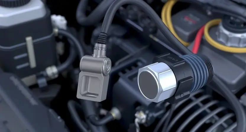 A close-up, detailed illustration of a car's electrical system, specifically focusing on the high-voltage sensor and its wiring. The image should clearly show a broken or disconnected wire leading to the sensor, indicating an open circuit. The background should be a slightly blurred view of the engine compartment. Focus on the technical aspects of the sensor and wiring.
