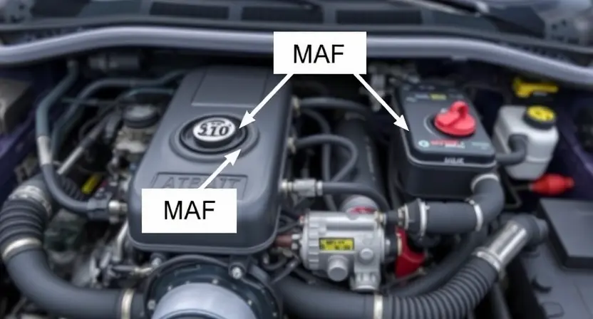 A detailed illustration of an automotive engine bay, focusing on the mass airflow sensor (MAF) and the fuel pressure regulator. The MAF sensor should be clearly visible with its wiring and connections. The fuel pressure regulator should be depicted with its components and hoses. The background should be slightly blurred to emphasize the main components.