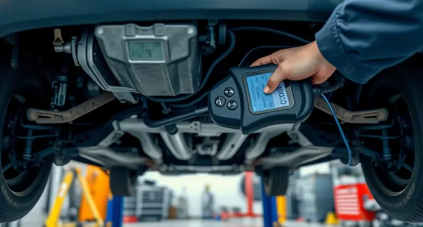 A close-up view of a car's undercarriage with a focus on the sensor area, showing a technician using a diagnostic tool to check the sensor. The image should depict a well-lit workshop environment with various automotive tools and equipment in the background.