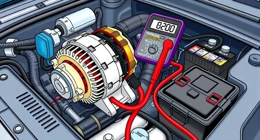 A detailed illustration of a car engine compartment with a focus on the alternator and its components. Show the alternator with visible wiring connections, the voltage regulator, and the battery. Include a multimeter being used to test the voltage output of the alternator. The scene should be well-lit and realistic, with a clean and organized engine bay.
