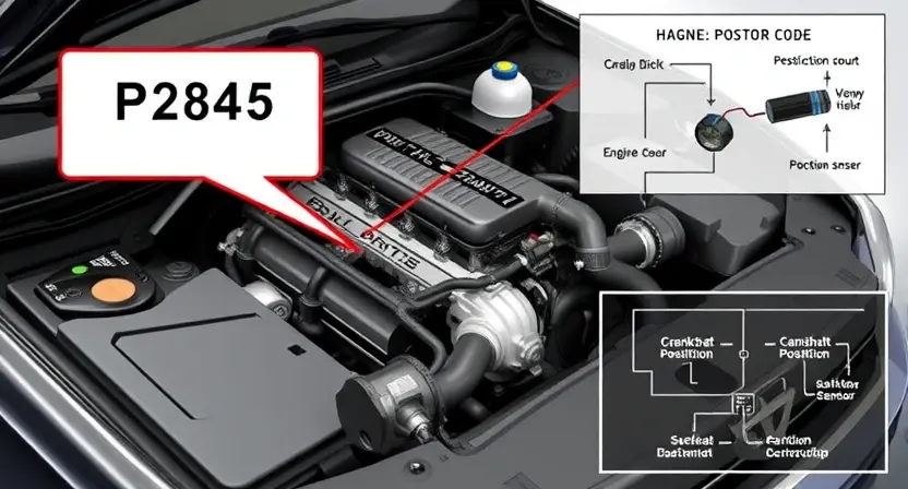 A detailed illustration of a car's engine bay, highlighting the P2845 error code indicator light. The engine should be partially disassembled to show relevant components like the crankshaft position sensor and camshaft position sensor. Focus on the diagnostic tools and a schematic diagram illustrating the potential causes of the error.