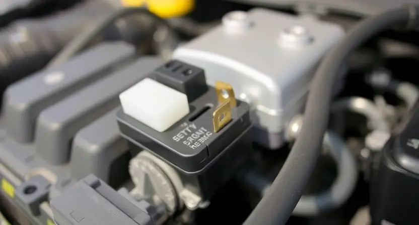 A close-up, detailed photograph of a car's engine bay, specifically focusing on the fuel pump relay and associated wiring. The image should highlight the relay itself, showing its connections and any potential signs of damage or corrosion. The background should be slightly blurred to emphasize the relay. The lighting should be bright and even to allow for clear visibility of the components.
