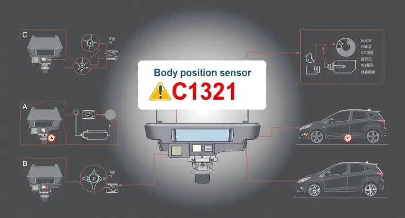 A high-quality technical illustration showing a vehicle's body position sensor with a warning sign indicating error code C1321, surrounded by schematic diagrams of automotive components, clean background, professional lighting, detailed engineering drawing style