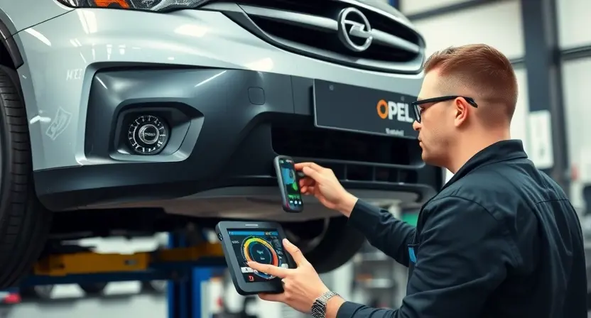 A mechanic using a diagnostic scanner to check the computer system of an Opel car. The car is lifted on a hydraulic lift, and the mechanic is focused on the dashboard and the scanner display. The background shows a well-lit auto repair shop with tools and equipment.