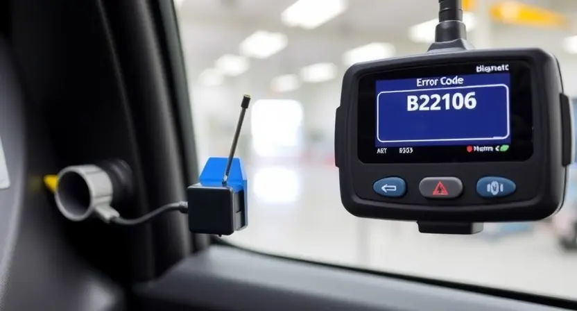 A close-up of a car's keyless entry antenna circuit with visible wiring, a small antenna module, and a diagnostic tool displaying error code B2106, set against a clean automotive workshop background with soft lighting and no text or symbols