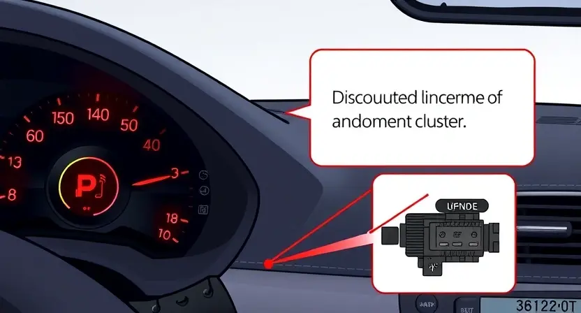 A modern car interior with a warning indicator light on the dashboard displaying an error code U0156, showing a disconnected communication line to the instrument cluster, close-up view of wiring harnesses and connectors under the dashboard, technical illustration style