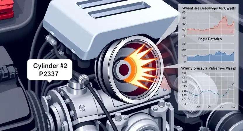 A high-quality technical illustration showing a car engine with a highlighted cylinder #2, displaying a warning sign or error code P2337, with visual cues of detonation such as pressure spikes or flame inside the cylinder, surrounded by performance graphs or engine diagnostics, in a clean, professional style suitable for automotive repair documentation
