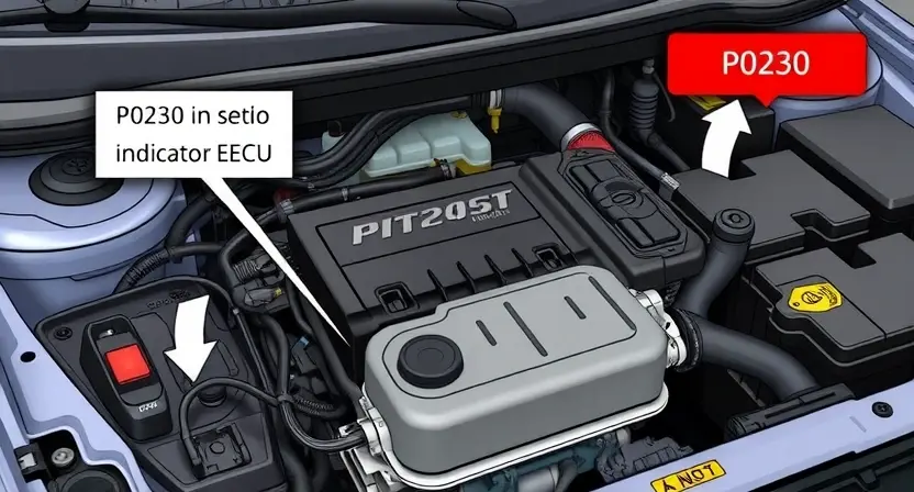 A detailed illustration of a car's engine bay, focusing on the wiring harness and the area around the engine control unit (ECU). Highlight the P0230 error code indicator light on the dashboard. Include visual cues representing potential causes like a faulty sensor or a loose connection.