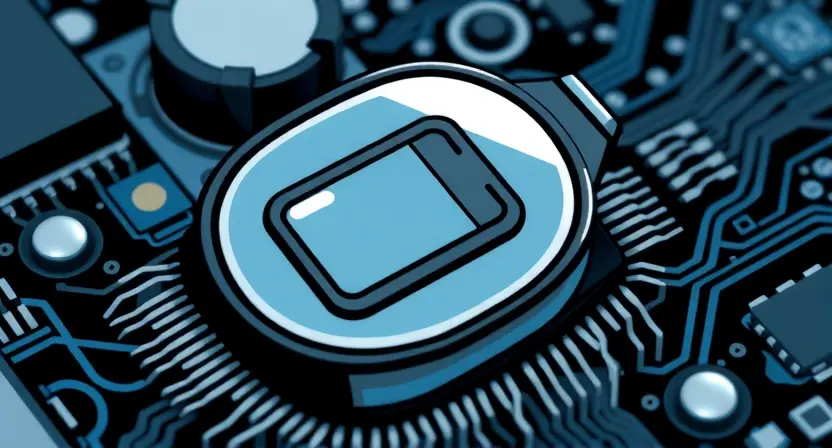 A close-up, detailed illustration of a battery icon with a low power indicator, overlaid on a circuit board background. The circuit board should be subtly visible, suggesting electronic components. Focus on the battery icon's visual representation of low charge – perhaps a depleted bar or a warning symbol. The overall color palette should be muted, with blues, grays, and blacks dominating.