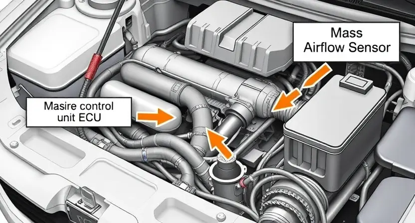 A detailed illustration of a car's engine bay, highlighting the Mass Airflow Sensor (MAF) and its connection to the engine control unit (ECU). Include arrows indicating the airflow path and the sensor's position within the intake system. Focus on the sensor's physical appearance and its integration with surrounding components.