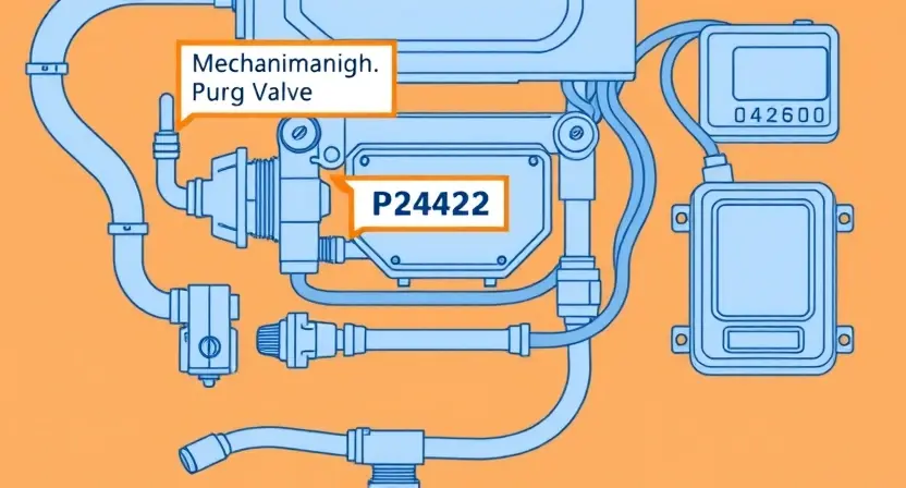 A high-quality technical illustration showing an automotive EVAP system with a highlighted P2422 error code, featuring a malfunctioning purge valve, vacuum lines, and electronic control unit, rendered in clean vector style with blue and orange color scheme, no text or numbers visible