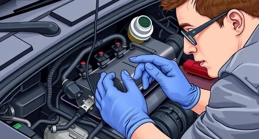 A close-up, detailed illustration of a car engine bay with a mechanic inspecting the engine's oxygen sensor. The sensor should be clearly visible, and the mechanic should be wearing safety glasses and gloves. Wires and hoses should be realistically depicted. Focus on the engine components and the sensor itself.