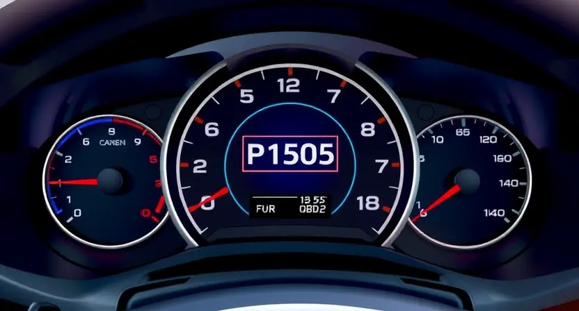 A high-quality technical illustration showing a Ford vehicle dashboard with the P1505 error code displayed on an OBD2 scanner, surrounded by relevant engine components like a throttle body and sensors, clean technical diagram style with precise details and professional lighting