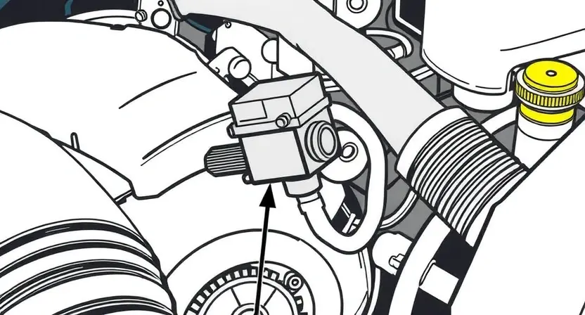 A close-up, detailed illustration of a car engine bay, highlighting the coolant temperature sensor. The sensor should be clearly visible, along with nearby hoses and wiring. Focus on the sensor's physical appearance and its connection points. The overall lighting should be bright and clean, emphasizing the mechanical components.