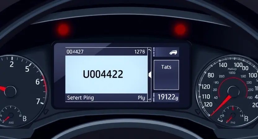 A detailed technical illustration of a vehicle's dashboard displaying an error code U0422, with a focus on the body control module, showing warning lights and a diagnostic screen, rendered in a clean, professional style suitable for automotive repair documentation