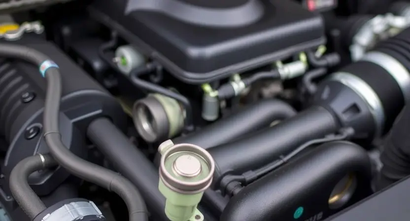 A close-up shot of a car's engine bay, focusing on the mass airflow sensor (MAF sensor). The sensor should be clearly visible, with surrounding engine components slightly blurred. The overall lighting should be bright and clean, highlighting the sensor's details.