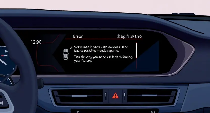 A close-up, detailed illustration of a car's dashboard with a prominent error message displayed on the infotainment screen. The error message should be clearly visible, but the specific text should be obscured or stylized to avoid readability. Focus on the dashboard's textures and the screen's display. The overall aesthetic should be clean and modern, emphasizing the technological aspect of the car.