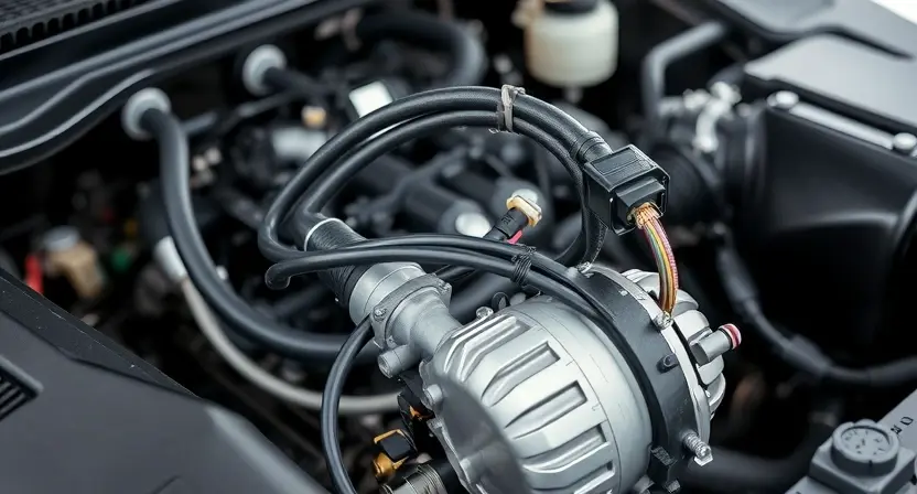 A detailed close-up photograph of an electric power steering (EPS) unit inside a car engine bay. Focus on the wiring harness, sensors, and motor components. The image should highlight the complexity of the system and its connection to the steering rack. The background should be blurred, showing other engine components but not distracting from the EPS unit.