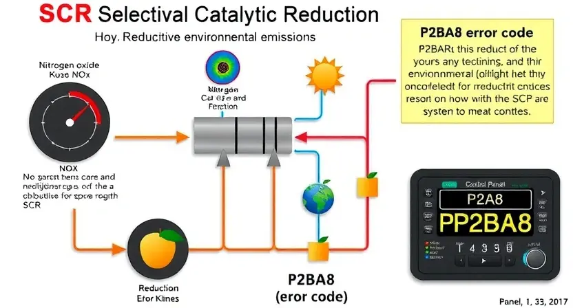 A complex diagram illustrating the SCR (Selective Catalytic Reduction) system, highlighting the P2BA8 error code and its impact on environmental emissions. Include visual representations of nitrogen oxides (NOx) and their reduction process, alongside the error code displayed on a control panel.
