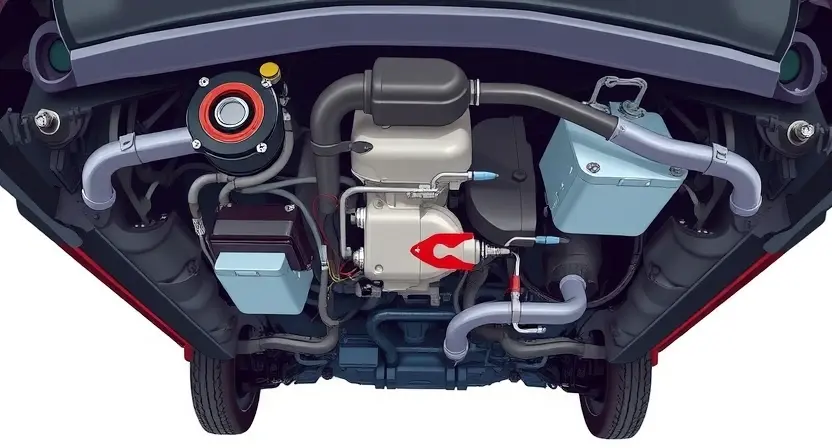 A detailed, realistic illustration of a car's undercarriage, focusing on the electromagnetic release valve circuit. Highlight the valve itself, wiring connections, and any potential points of failure. The image should clearly show the components and their arrangement within the engine bay. Use a slightly angled perspective to provide a comprehensive view.