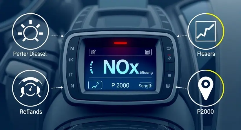 A high-quality technical illustration showing a modern diesel engine control unit with a warning light indicating NOx efficiency reduction, surrounded by subtle symbols of error code P2000, clean digital interface, no text or numbers on image, professional automotive diagnostic theme