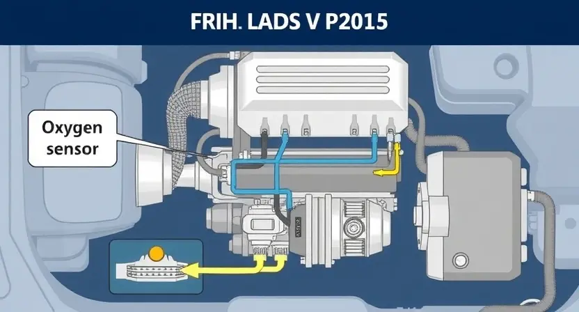 A detailed diagram illustrating the P2015 error code in a car's engine system. The diagram should show the relevant components (e.g., oxygen sensor, catalytic converter, engine control unit) and their connections. Use clear visual cues to indicate the error's impact on the system. Focus on technical accuracy and clarity.