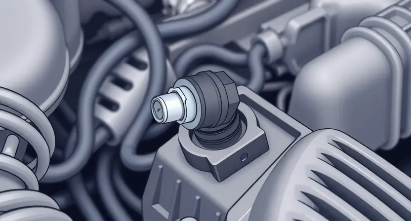 A close-up, detailed illustration of a car's engine bay, specifically highlighting the coolant temperature sensor and surrounding hoses and wiring. The focus should be on the sensor itself, showing its connection to the engine block. The background should be slightly blurred to emphasize the sensor.