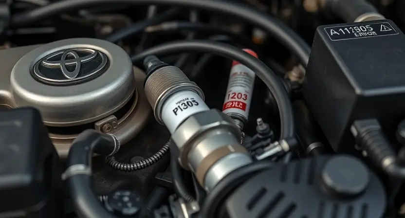 A close-up of a Toyota engine bay showing a spark plug with a visible P1305 error code label, surrounded by diagnostic tools and engine components, high detail, realistic lighting