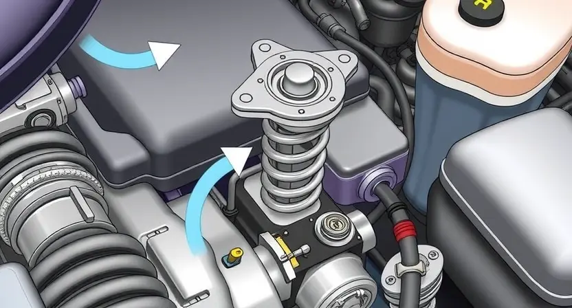 A detailed illustration of a car engine with a focus on the thermostat housing. The thermostat is shown in the open position, with coolant flowing freely. Arrows indicate the direction of coolant flow. The engine should be clean and well-lit, showcasing the components clearly.