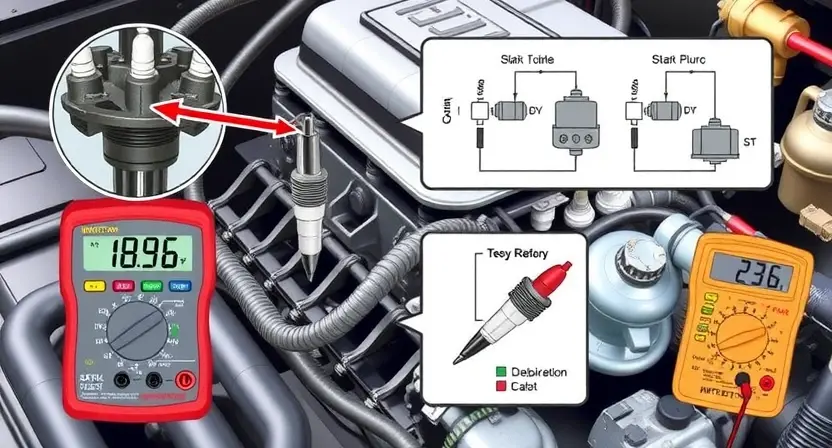 A detailed illustration of an automotive engine bay, focusing on the ignition system. Include a close-up of a spark plug wire connected to a distributor cap, with a multimeter displaying voltage readings near the distributor. Show a schematic diagram of the ignition system alongside the engine.