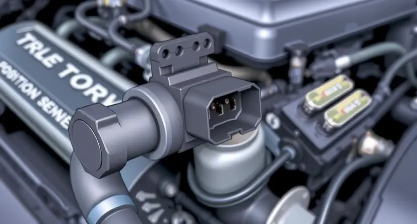 A close-up, detailed illustration of a car's intake manifold with a prominent throttle position sensor. The sensor should be clearly visible, showing its electrical connector and any relevant internal components. Focus on the sensor's physical form and its connection to the manifold. The background should be blurred, suggesting the engine bay environment.