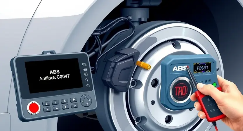 A high-quality technical illustration showing a modern car's ABS (Anti-lock Braking System) module with highlighted sensors and wiring, a diagnostic scanner displaying error code C0047, and a mechanic's hand holding a multimeter near the vehicle's wheel hub, all rendered in a clean, detailed style with realistic lighting and no text or numbers on the image